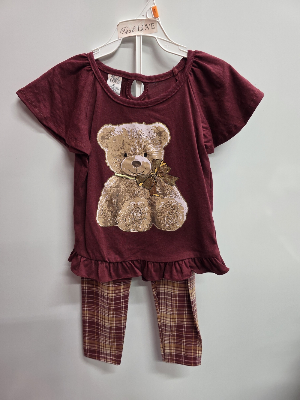 Maroon Teddy Bear Pajama Set for Kids - Real Love